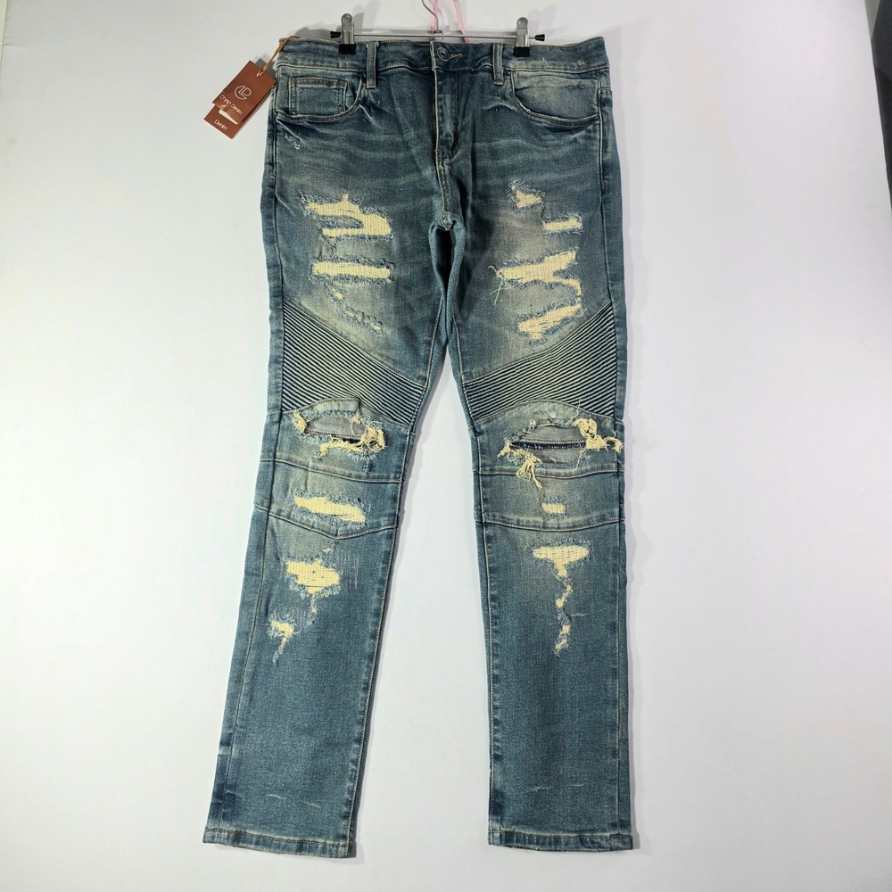 NWT Crysp Denim Skywalker Biker Jeans Vintage Wash Distressed Moto Blue Mens 34